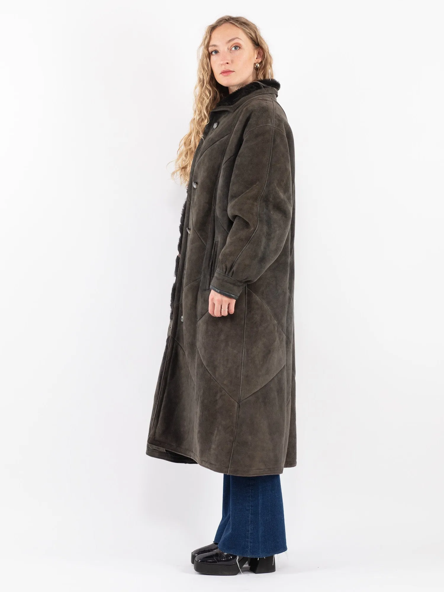 Vintage 80's Women Sheepskin Shearling Long Coat in Gray