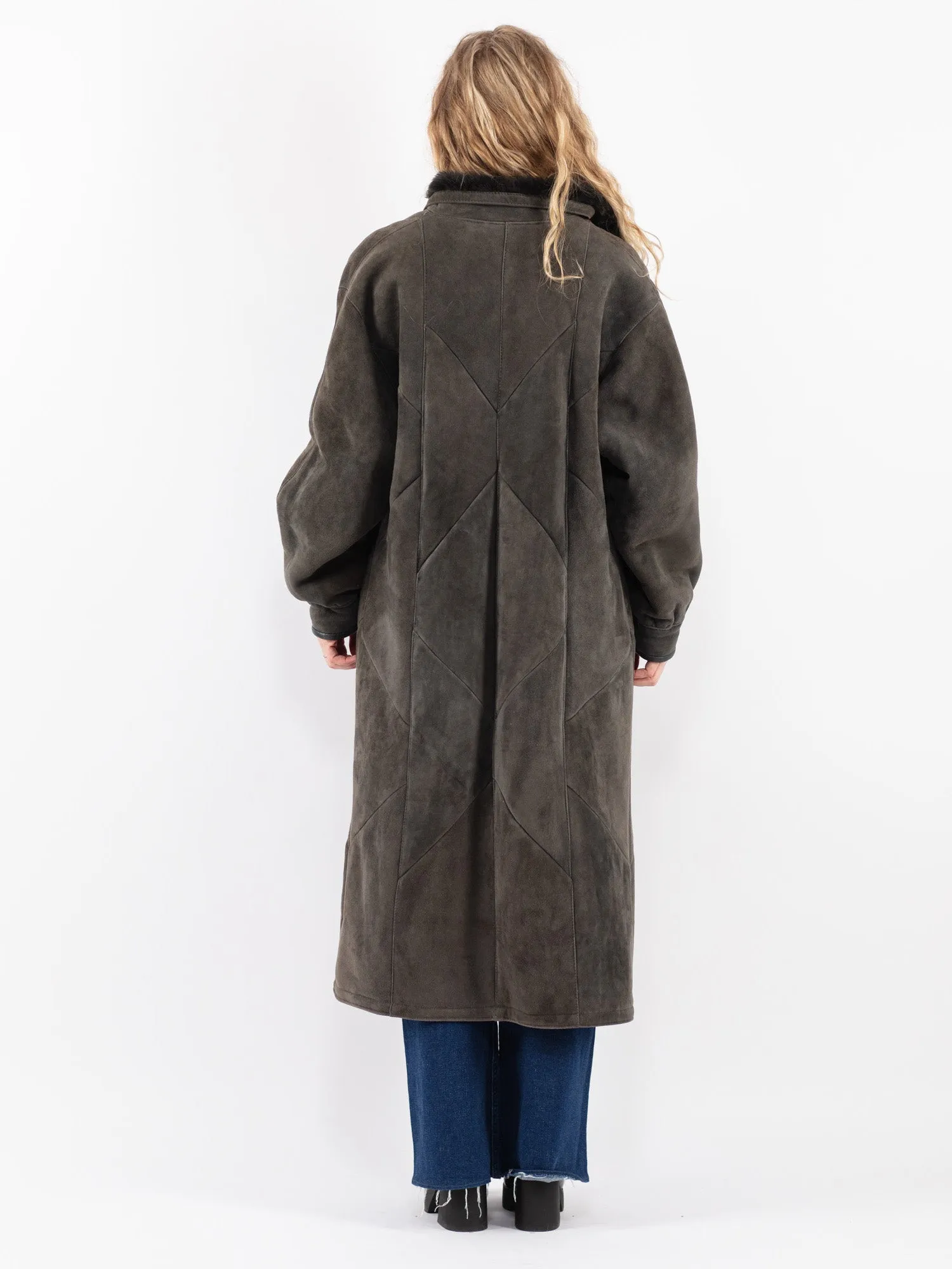 Vintage 80's Women Sheepskin Shearling Long Coat in Gray