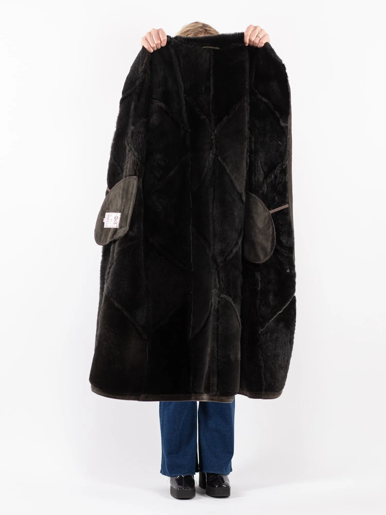 Vintage 80's Women Sheepskin Shearling Long Coat in Gray