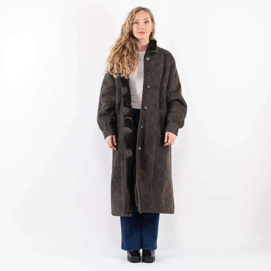 Vintage 80's Women Sheepskin Shearling Long Coat in Gray