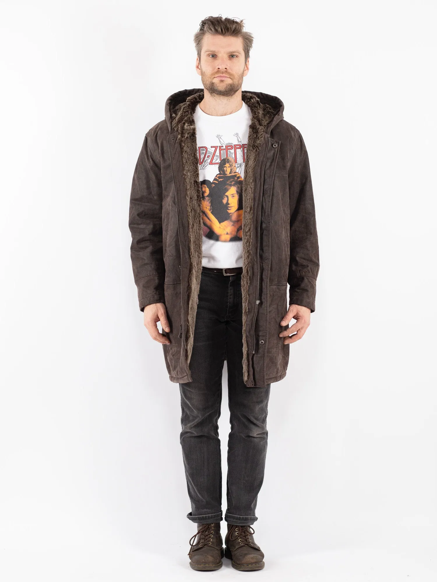 Vintage 90's Men Hooded Suede Sherpa Coat in Brown