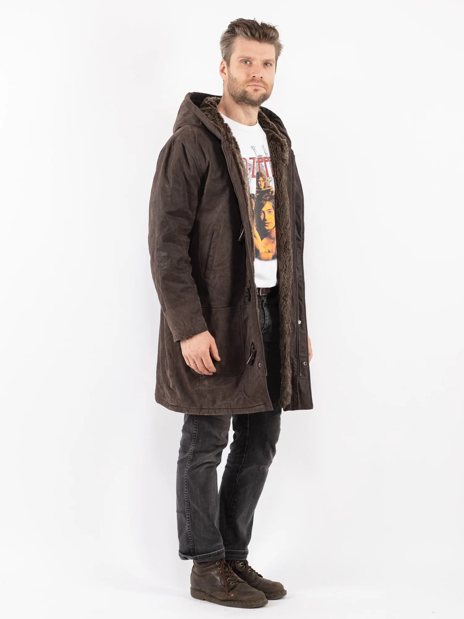 Vintage 90's Men Hooded Suede Sherpa Coat in Brown