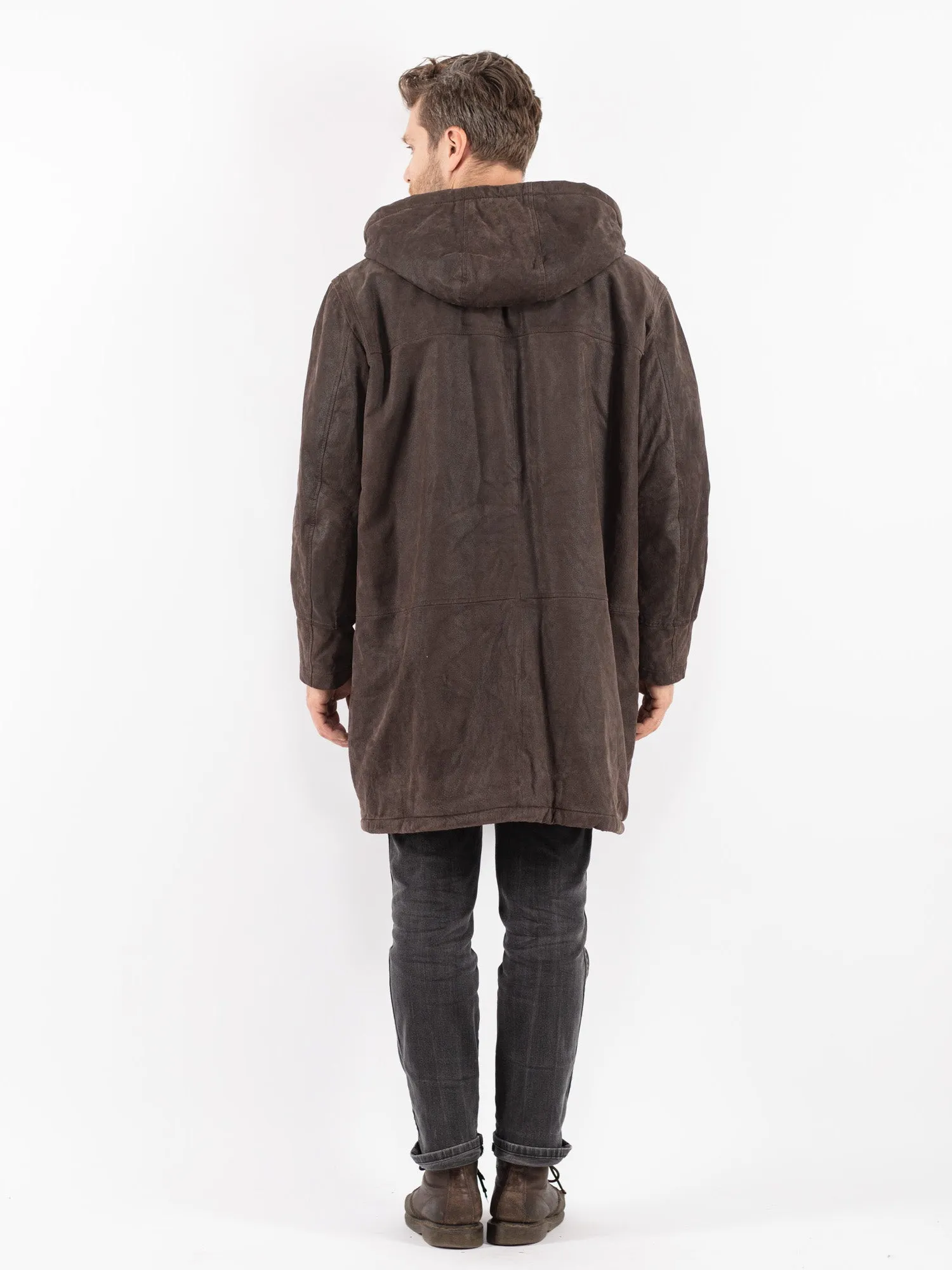 Vintage 90's Men Hooded Suede Sherpa Coat in Brown