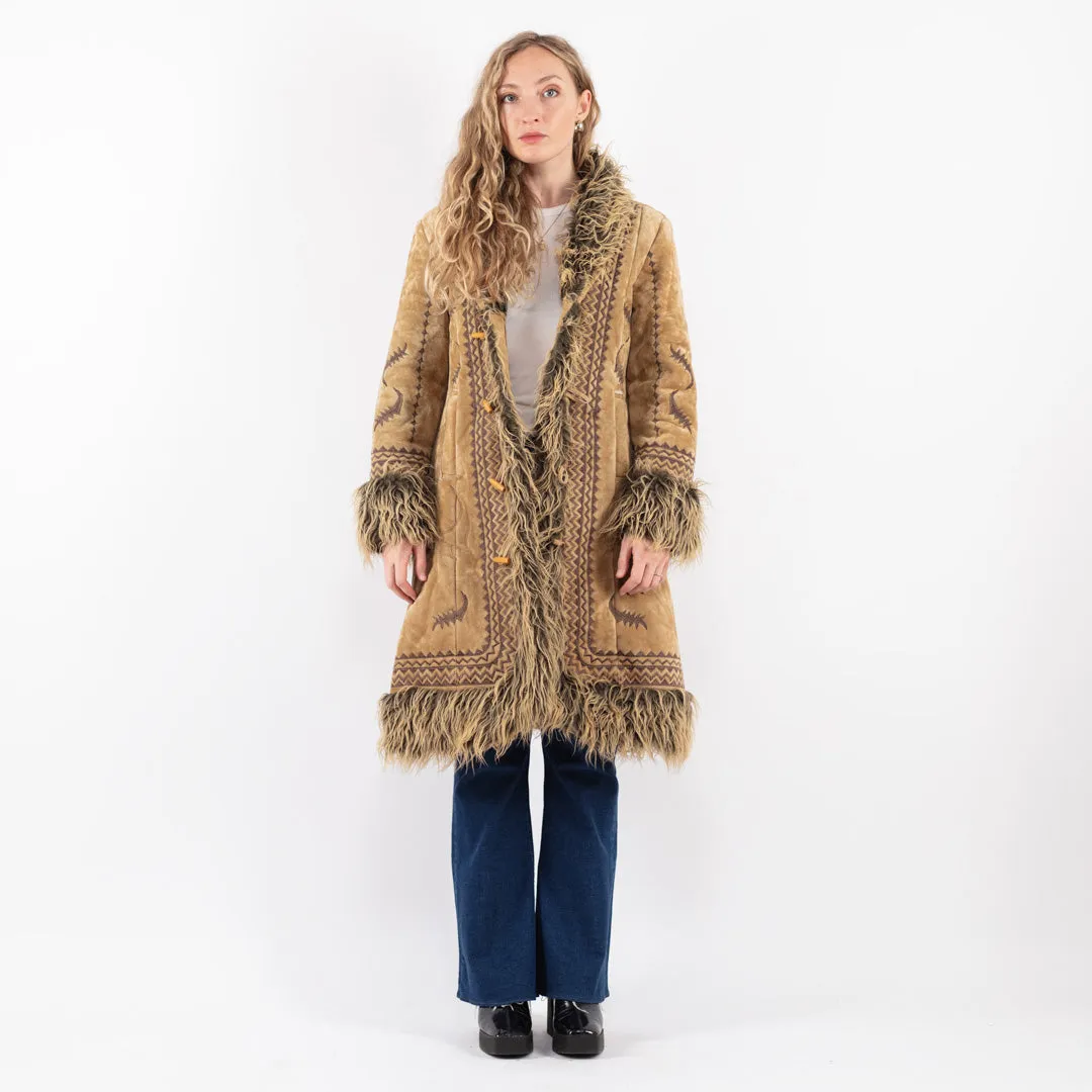 Vintage 90's Women Faux Sheepskin Coat in Beige