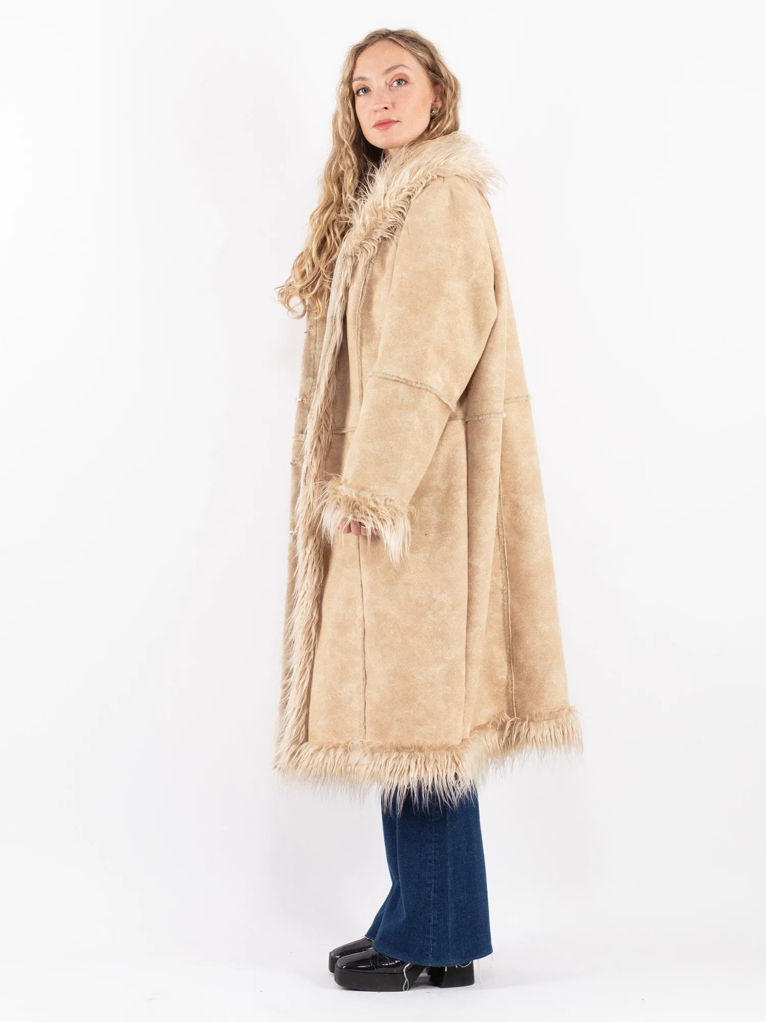 Vintage 90's Women Faux Sheepskin Long Coat in Beige