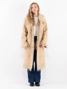 Vintage 90's Women Faux Sheepskin Long Coat in Beige