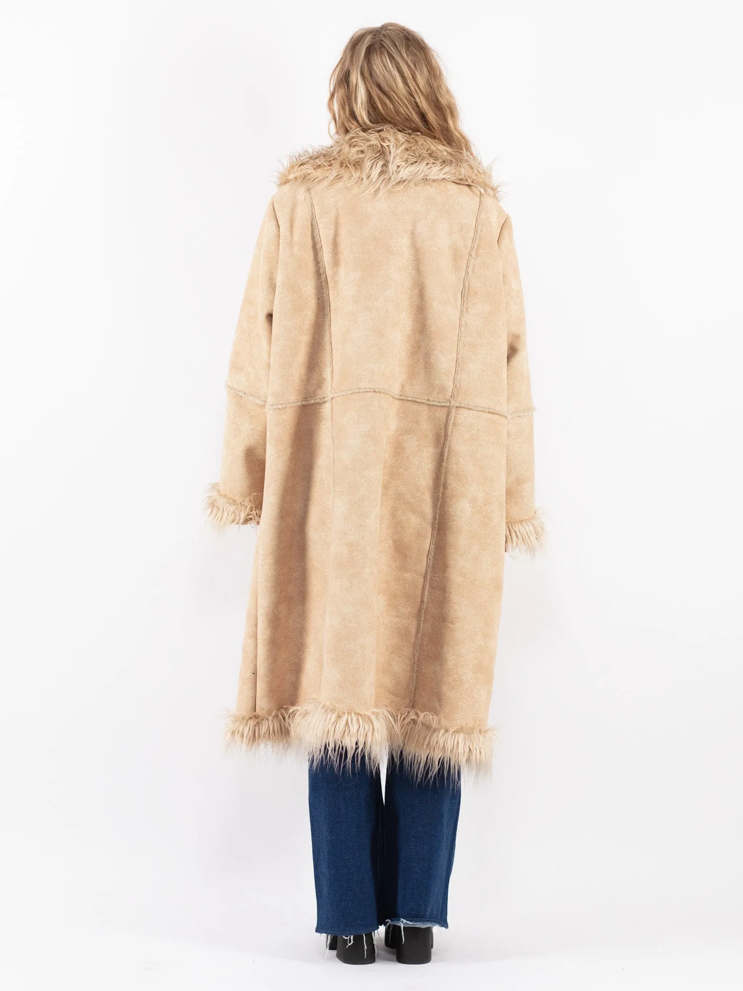 Vintage 90's Women Faux Sheepskin Long Coat in Beige