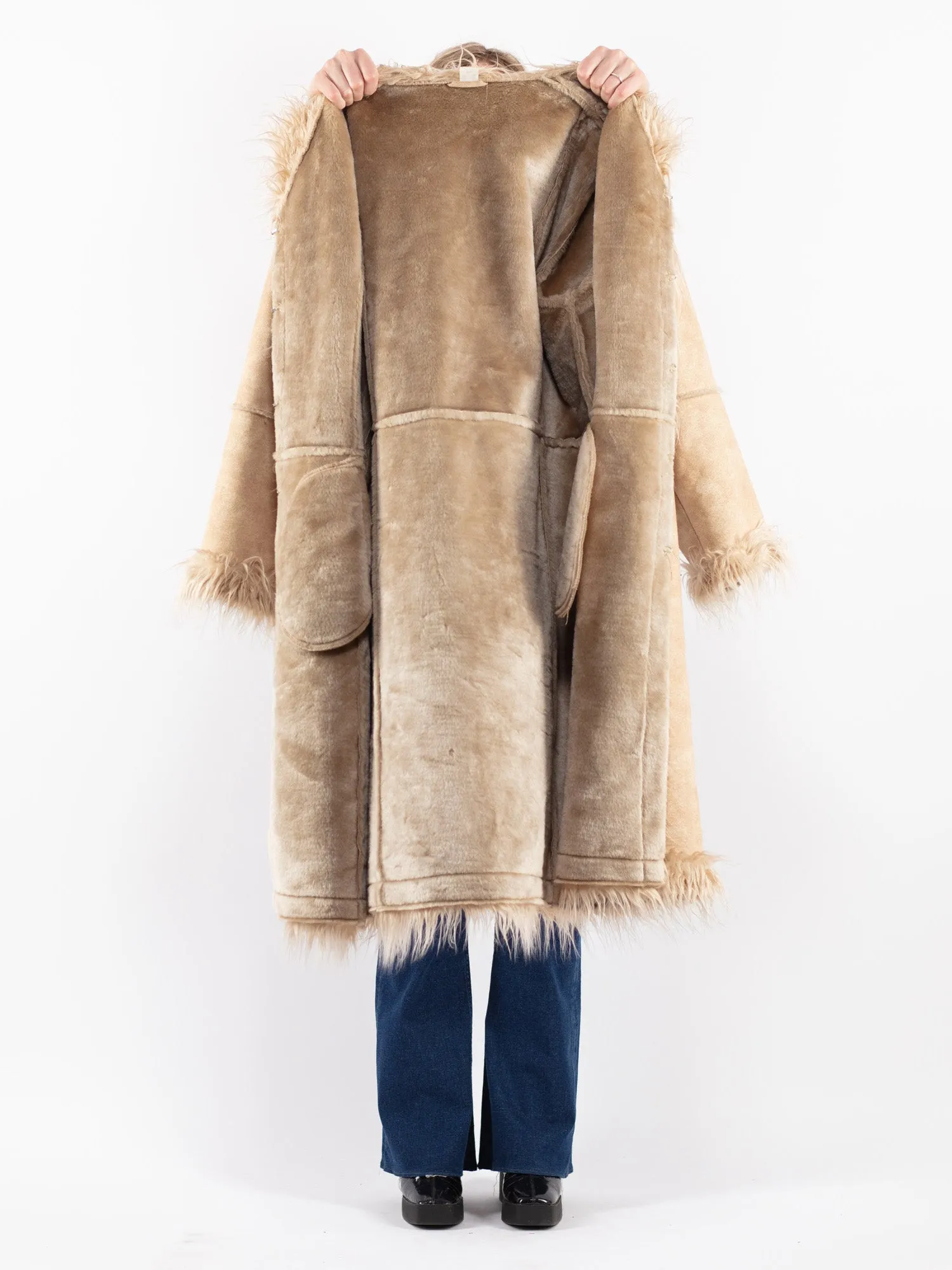 Vintage 90's Women Faux Sheepskin Long Coat in Beige