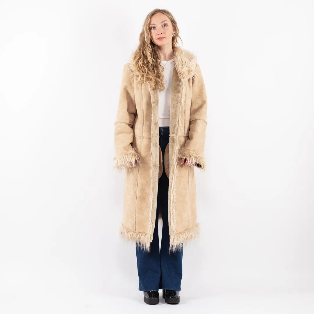 Vintage 90's Women Faux Sheepskin Long Coat in Beige