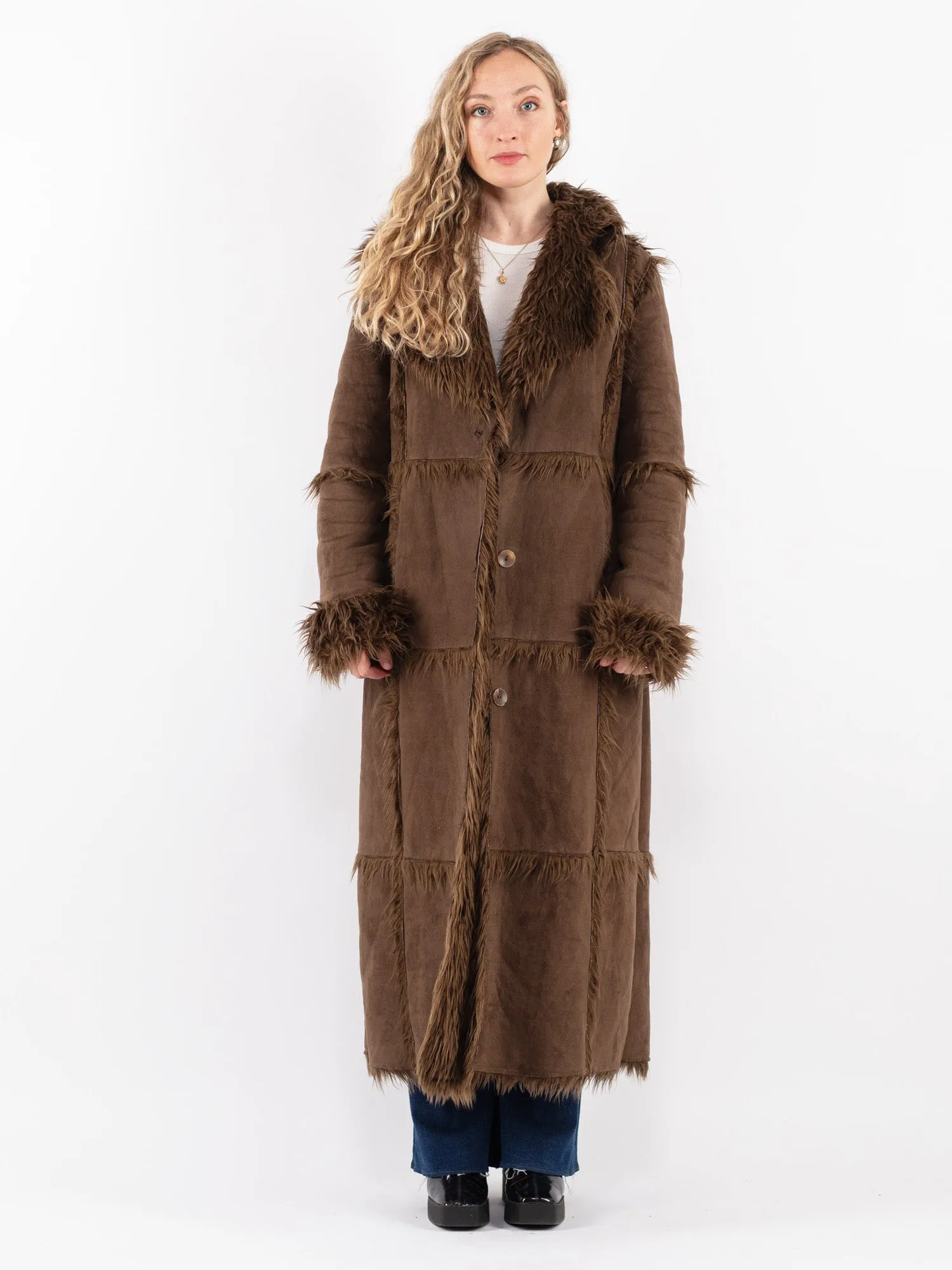 Vintage 90's Women Faux Sheepskin Long Coat in Brown