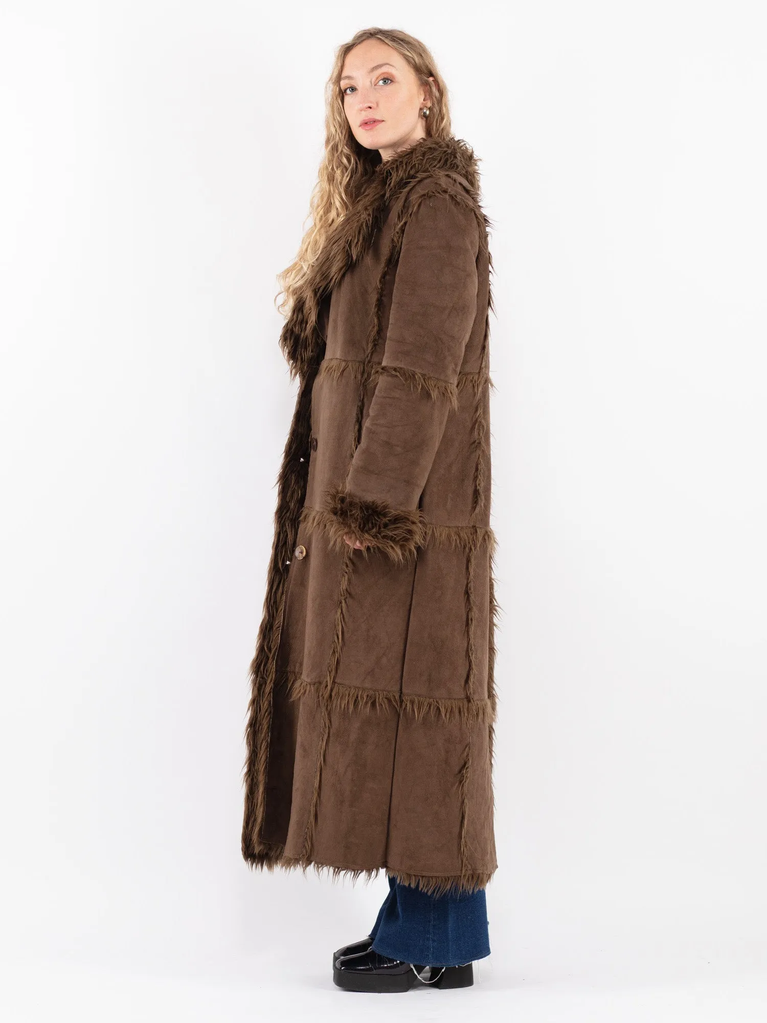 Vintage 90's Women Faux Sheepskin Long Coat in Brown