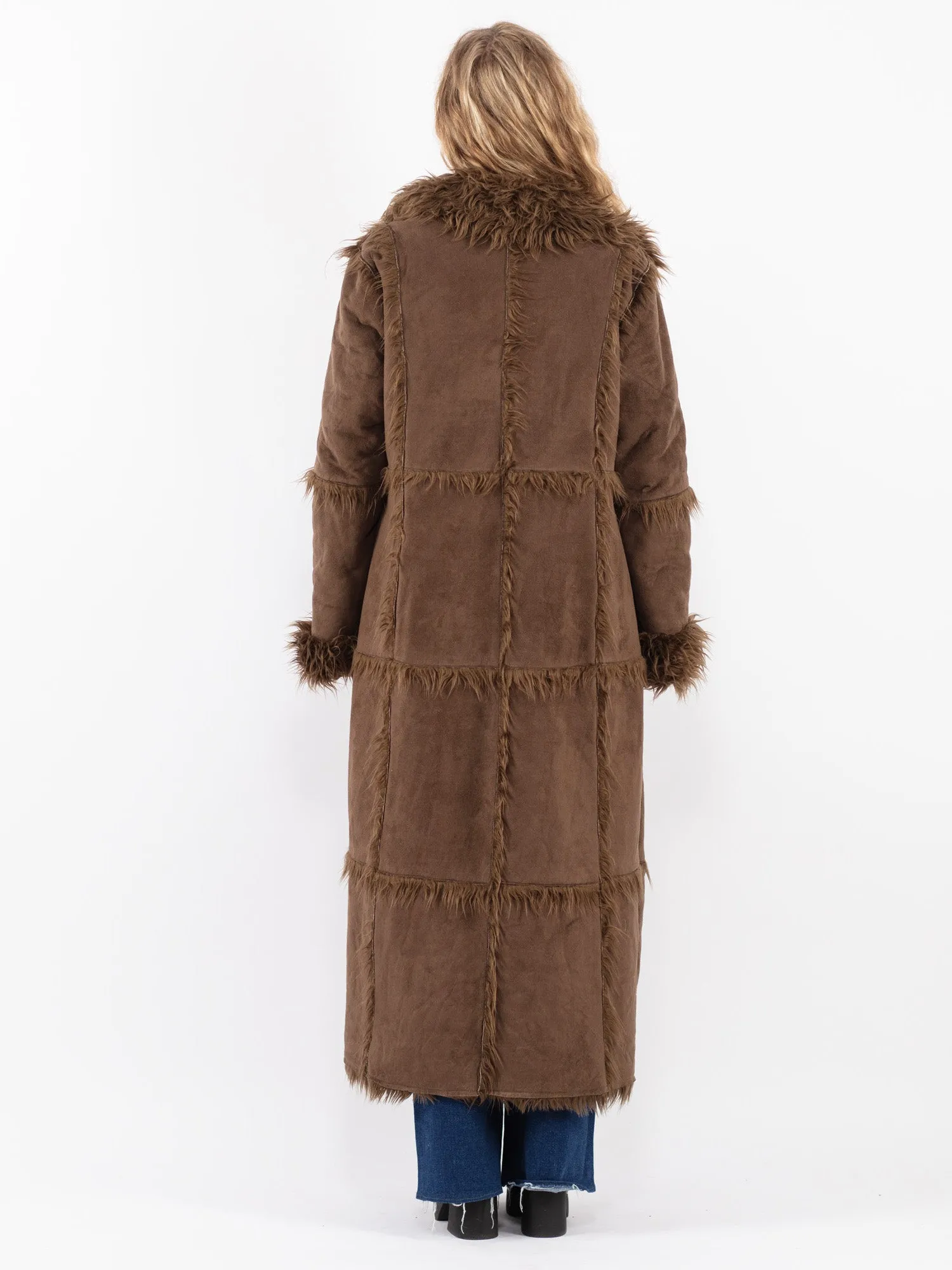 Vintage 90's Women Faux Sheepskin Long Coat in Brown