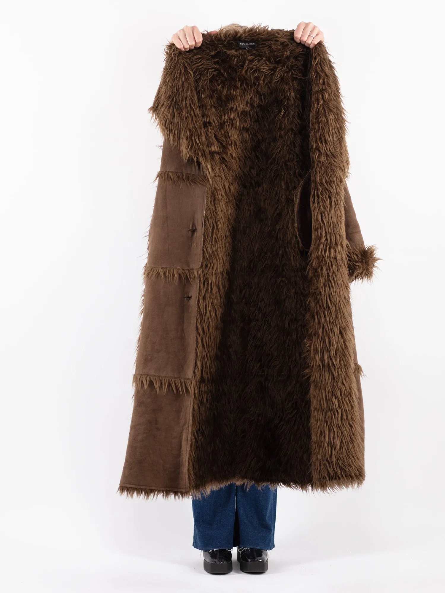 Vintage 90's Women Faux Sheepskin Long Coat in Brown