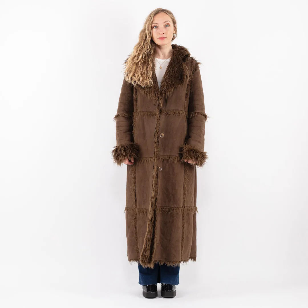 Vintage 90's Women Faux Sheepskin Long Coat in Brown