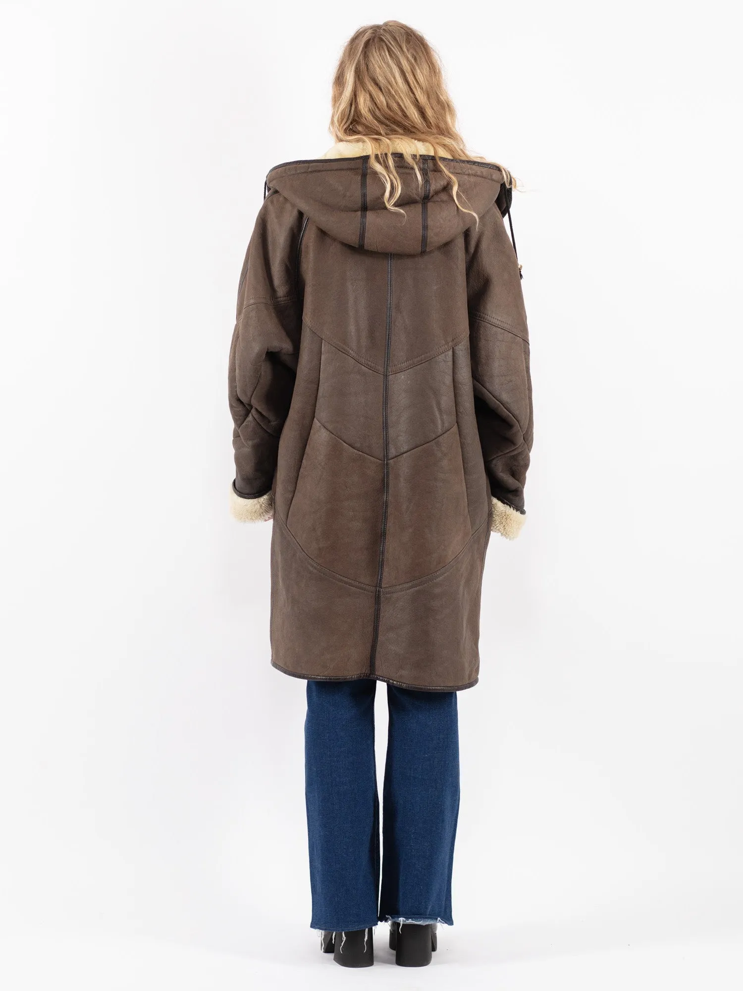 Vintage 90's Women Hooded Sheepskin Coat in Brown