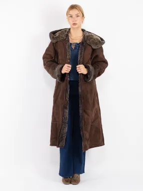 Vintage 90's Women Hooded Sheepskin Long Coat in Brown