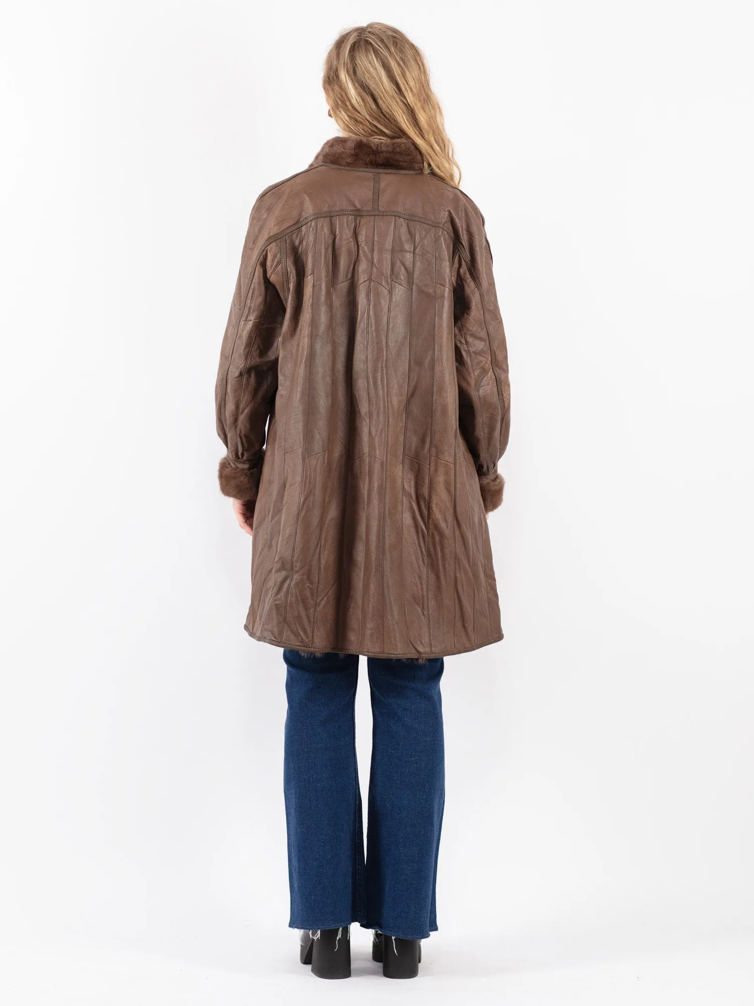 Vintage 90's Women Leather Fur Coat in Brown