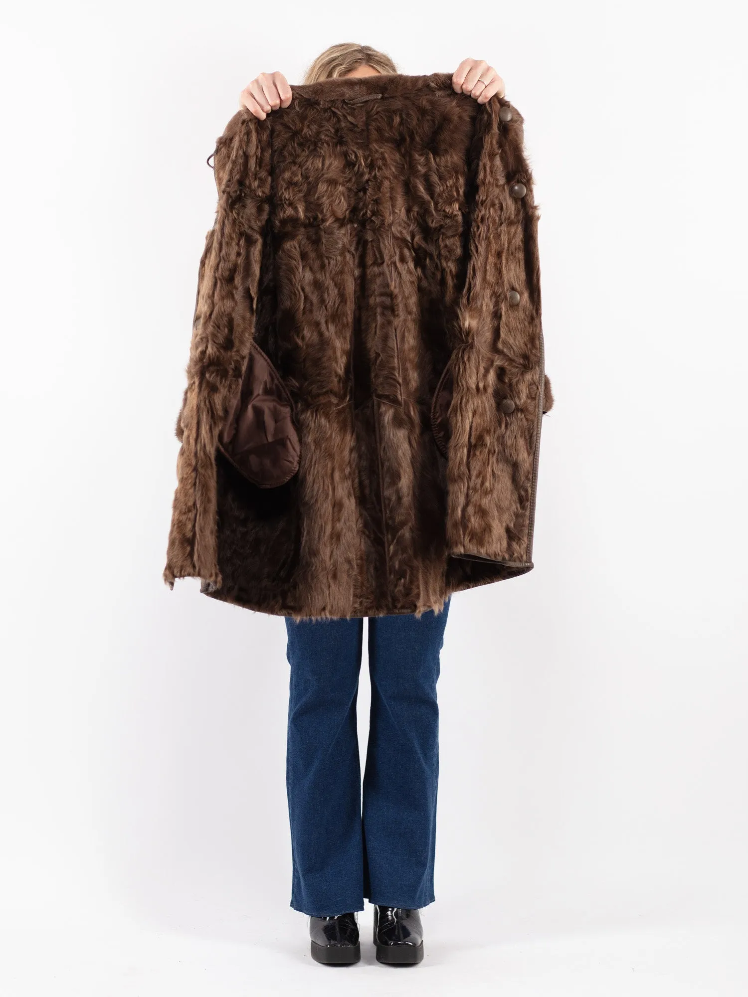 Vintage 90's Women Leather Fur Coat in Brown