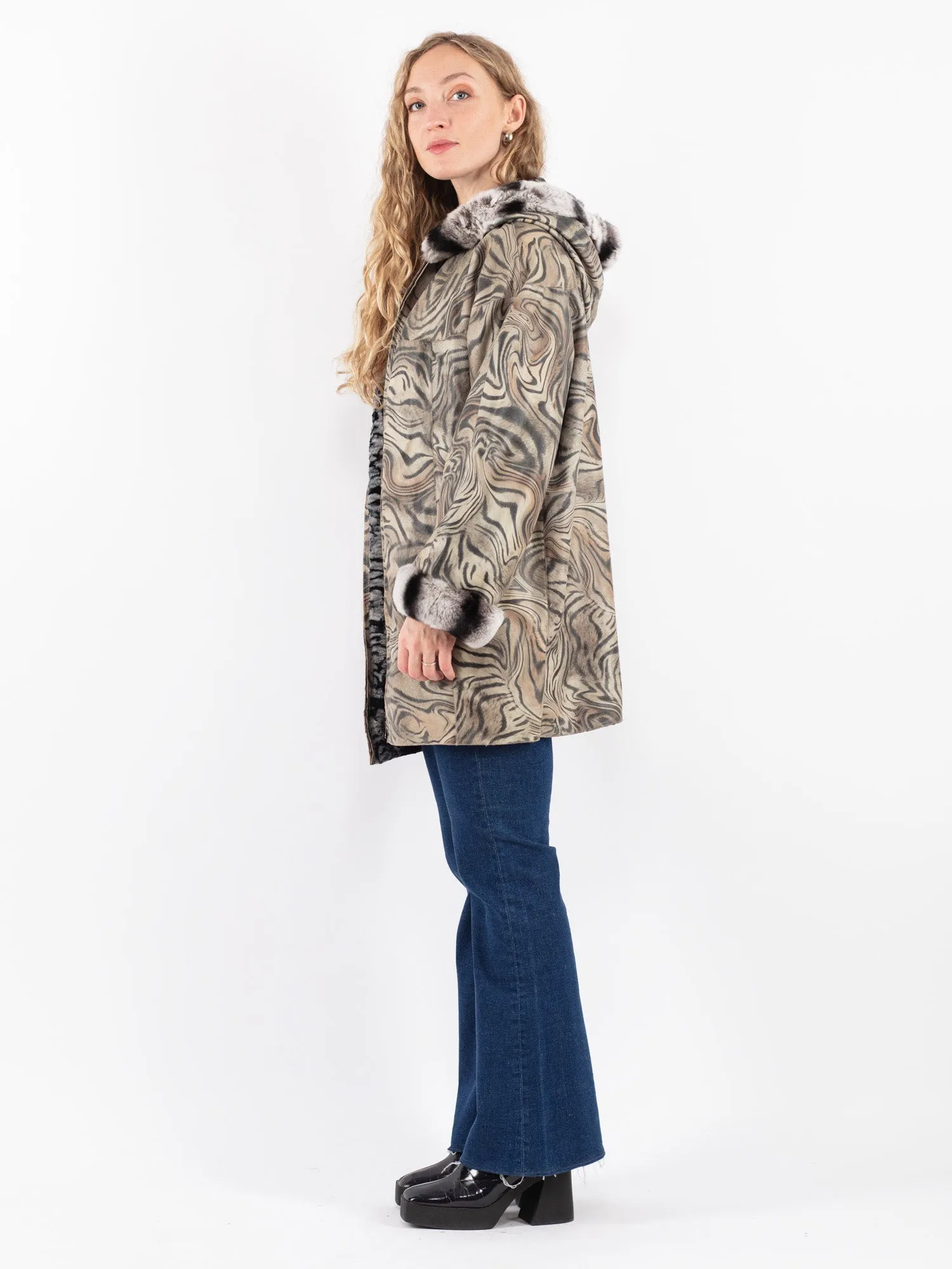 Vintage 90's Women Reversible Leather Fur Sherpa Coat in Multi