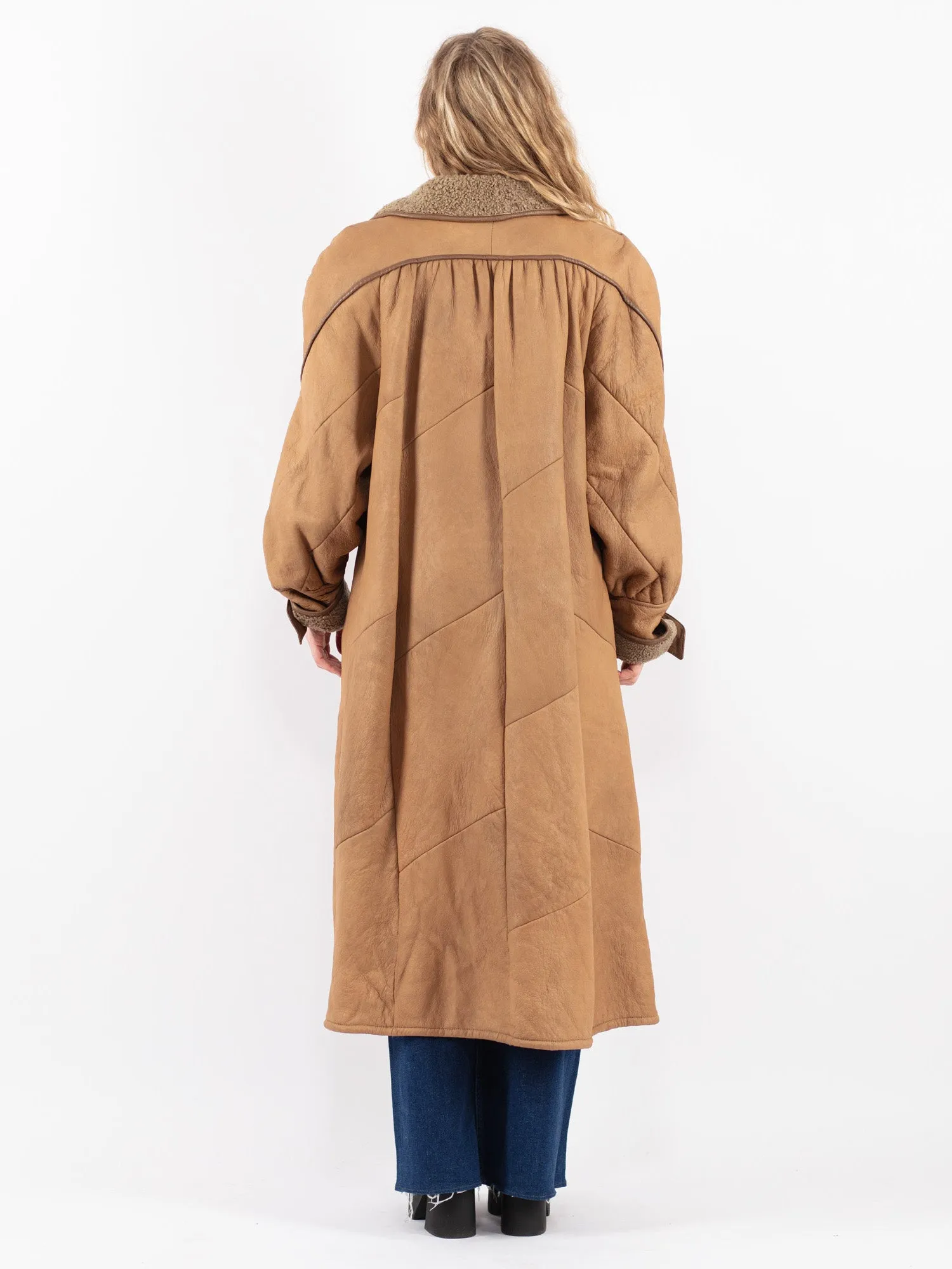 Vintage 90's Women Sheepskin Long Coat in Beige