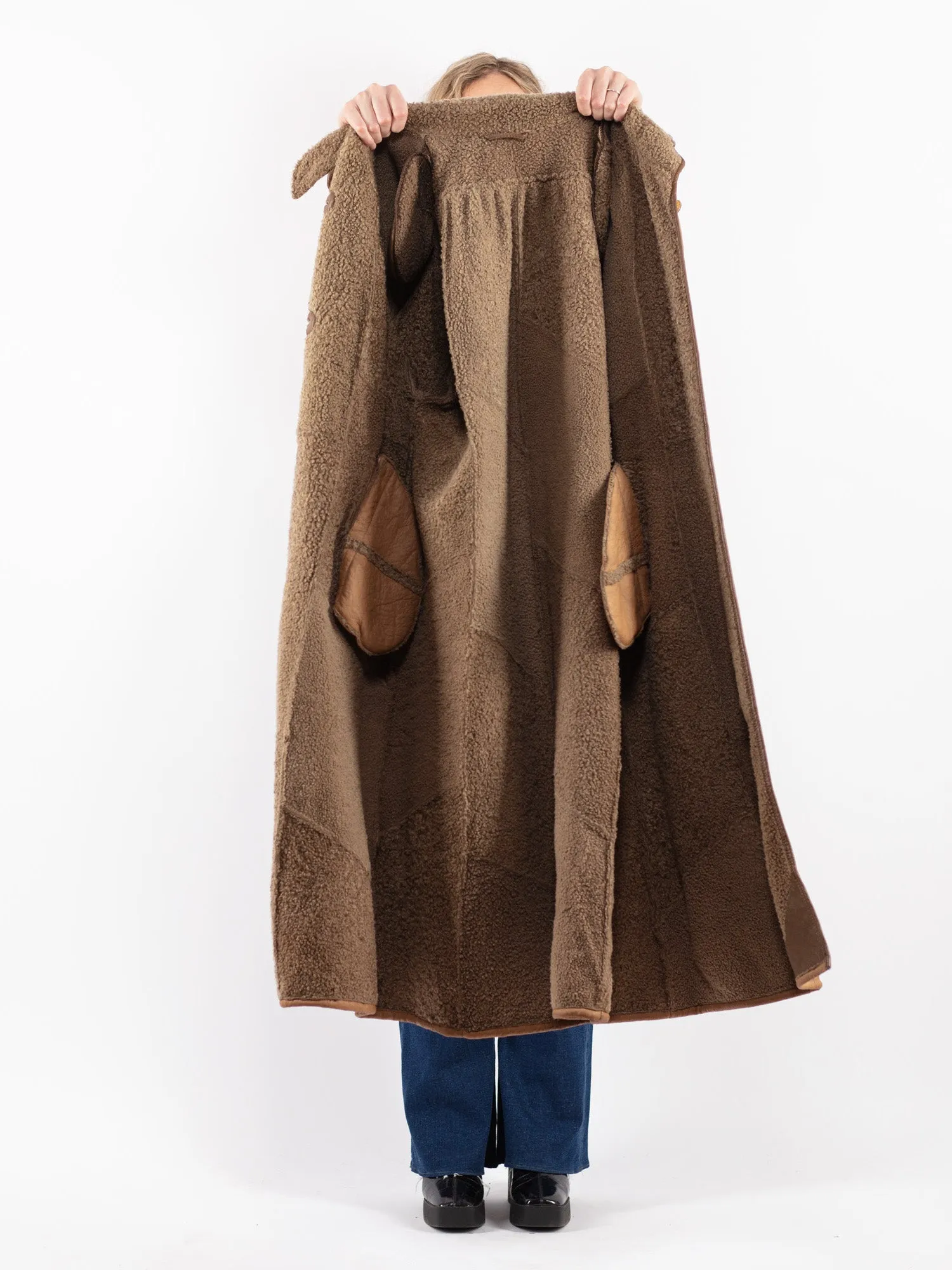 Vintage 90's Women Sheepskin Long Coat in Beige