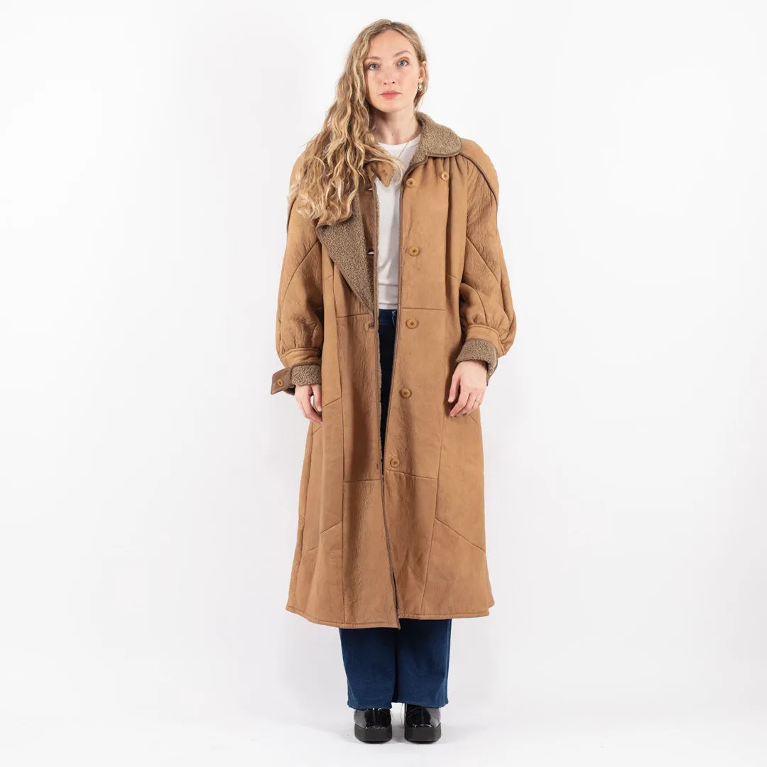 Vintage 90's Women Sheepskin Long Coat in Beige