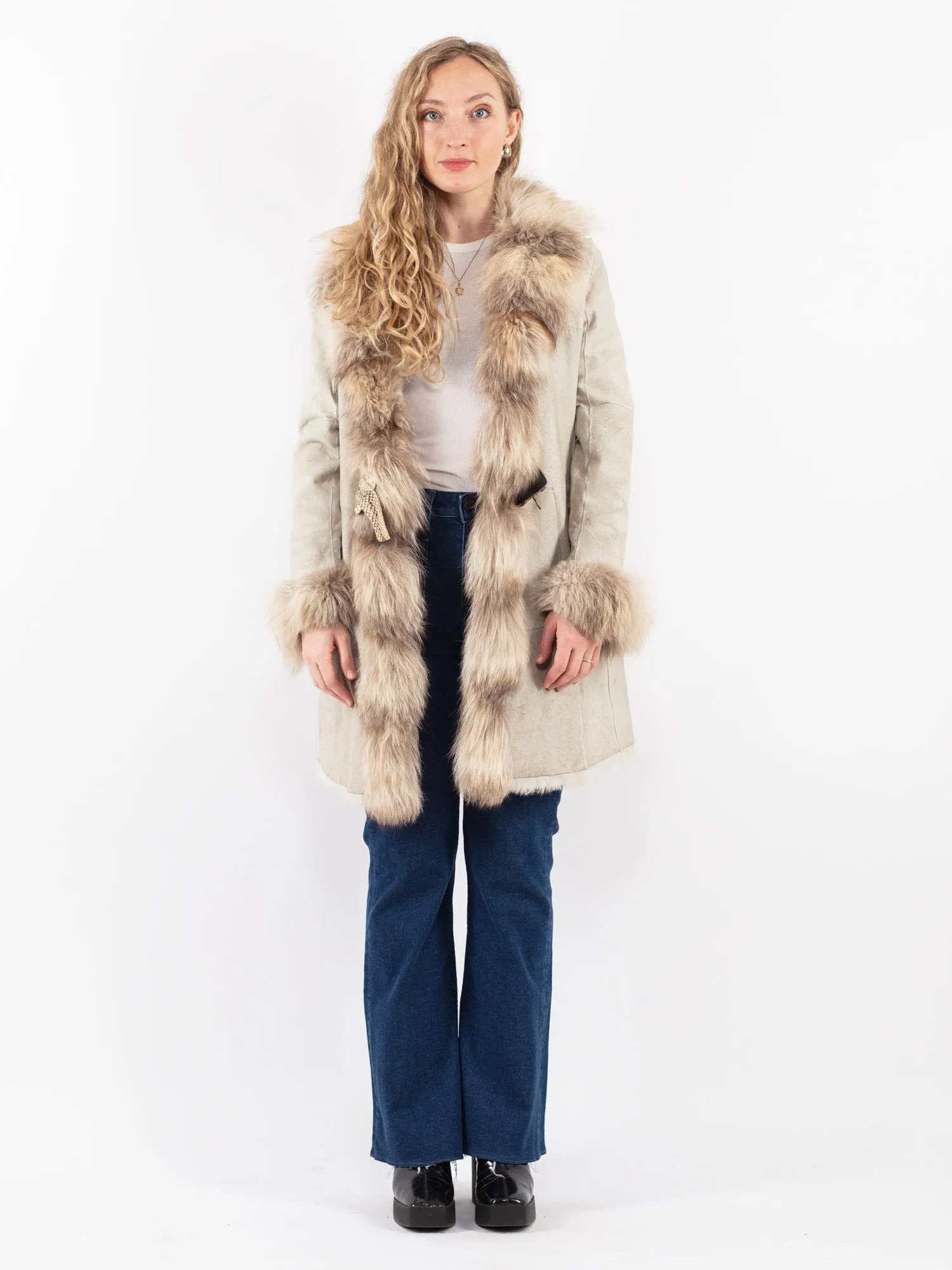 Vintage 90's Women Suede Fur Coat in Beige