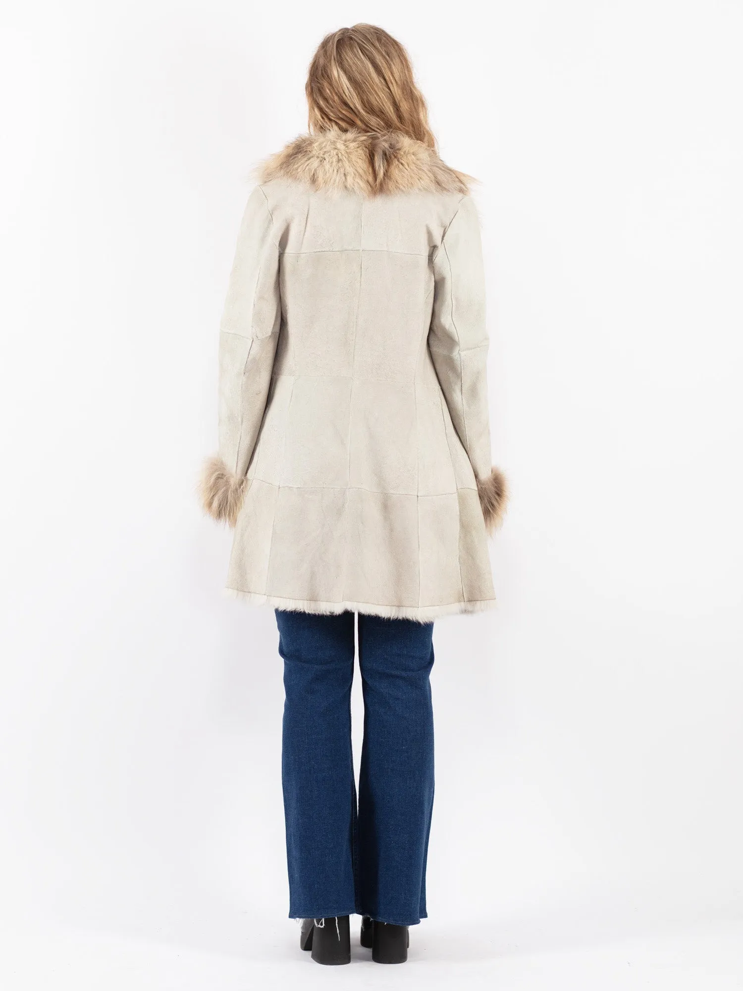 Vintage 90's Women Suede Fur Coat in Beige