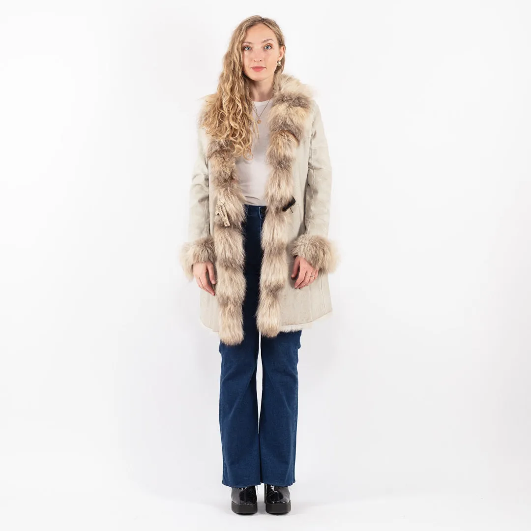 Vintage 90's Women Suede Fur Coat in Beige