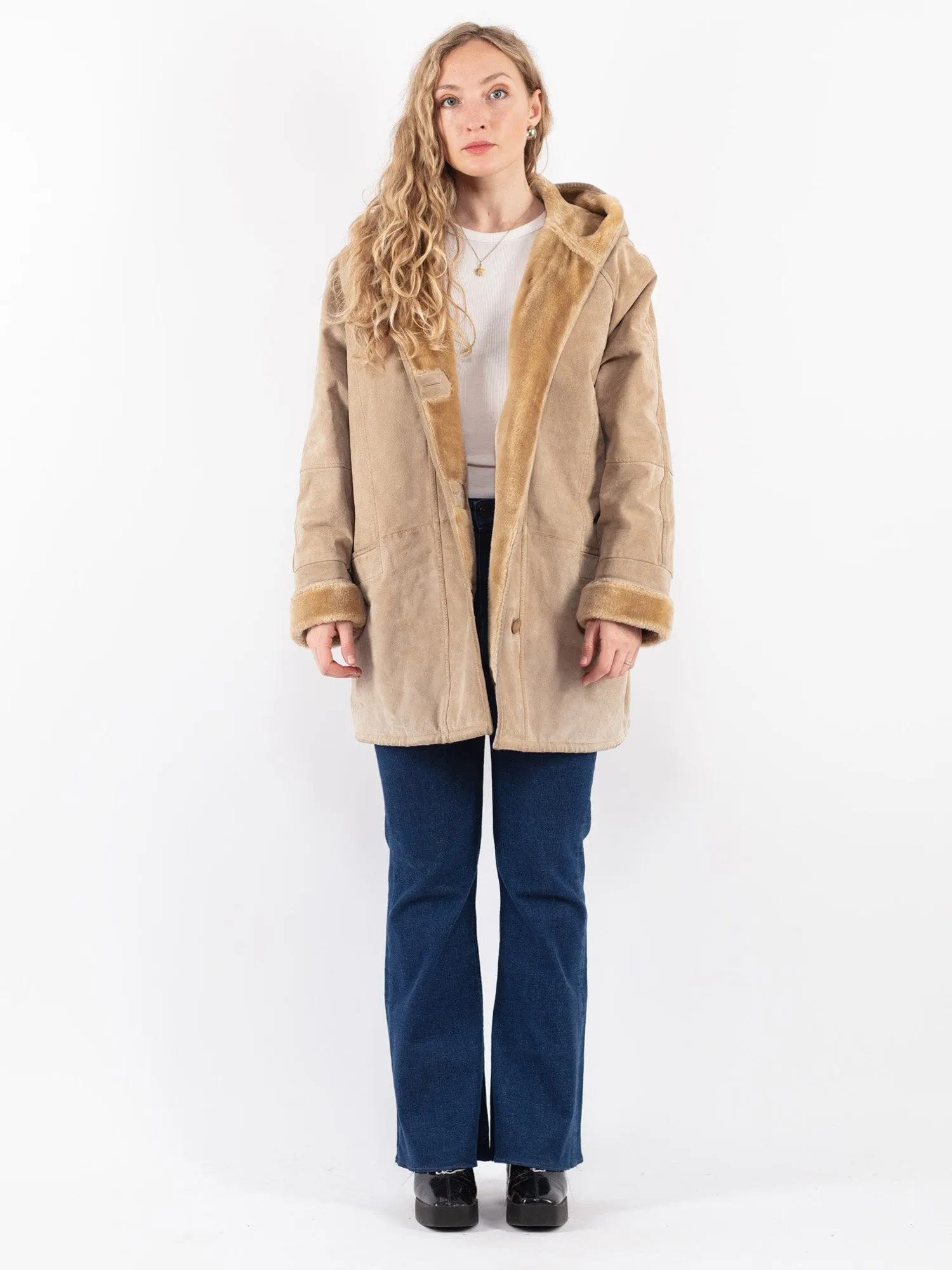 Vintage 90's Women Suede Sherpa Coat in Beige