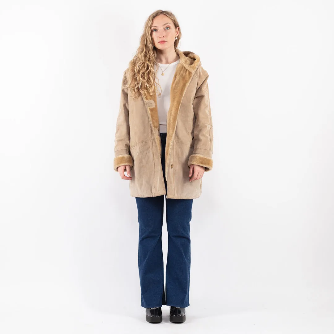 Vintage 90's Women Suede Sherpa Coat in Beige