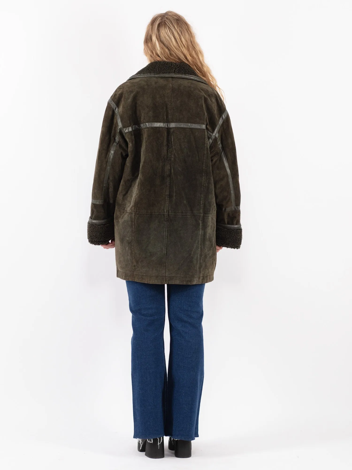 Vintage 90's Women Suede Sherpa Coat in Green