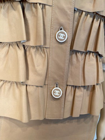 Vintage Chanel 01A, 2001 Fall Ruffle Beige Tan Leather Skirt Vest Dress Suit Set FR 36 US 4/6