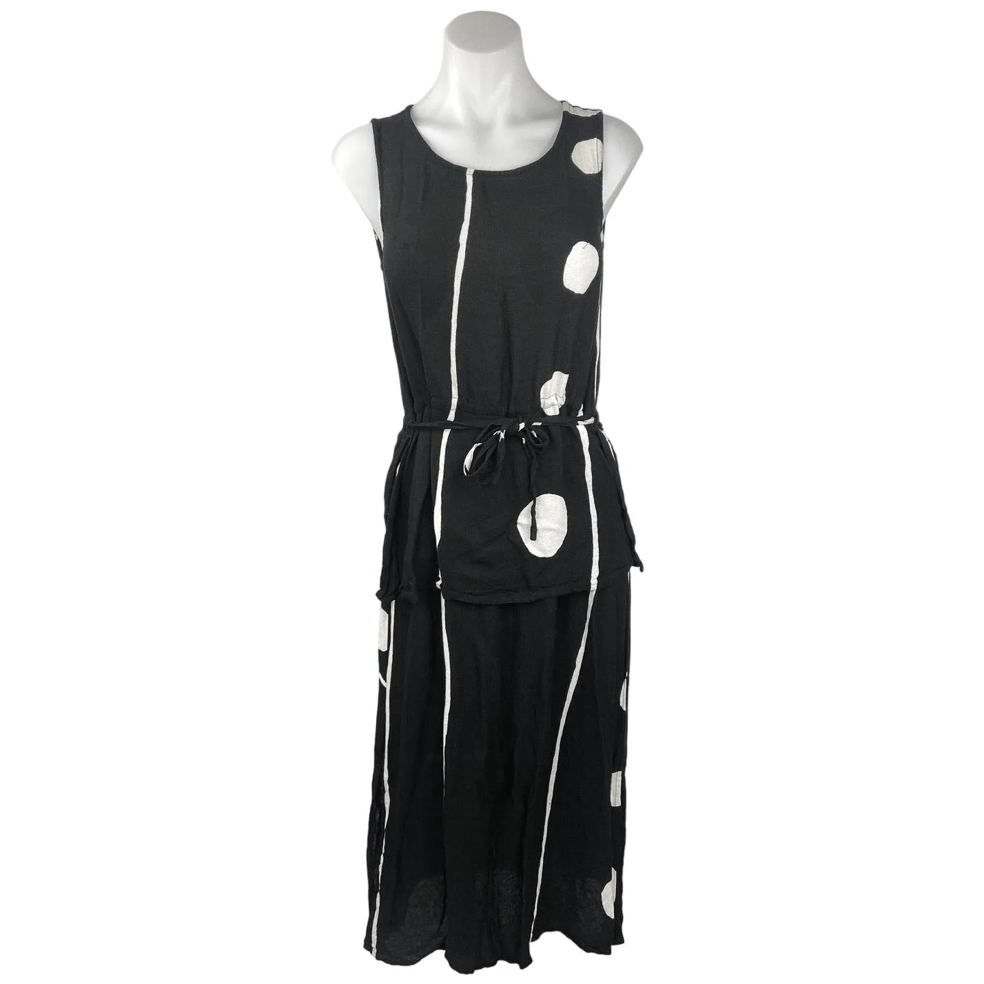 Vintage Jacques Ruc Black Sleeveless Tie Waist Layered Retro Midi Dress Size 2