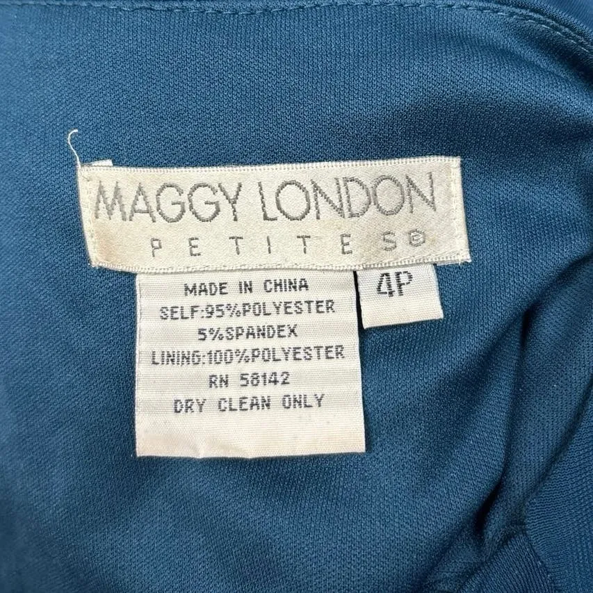 Vintage Maggy London Blue Long Sleeve Drapey Cowl Neck Blouson Dress Size 4P