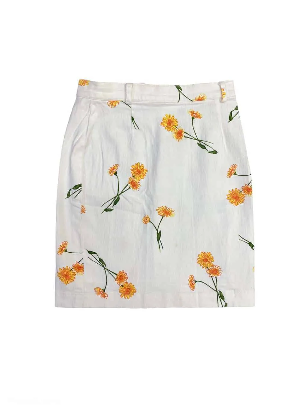 Vintage white cotton denim mini skirt with yellow marigold flowers – Small / W27