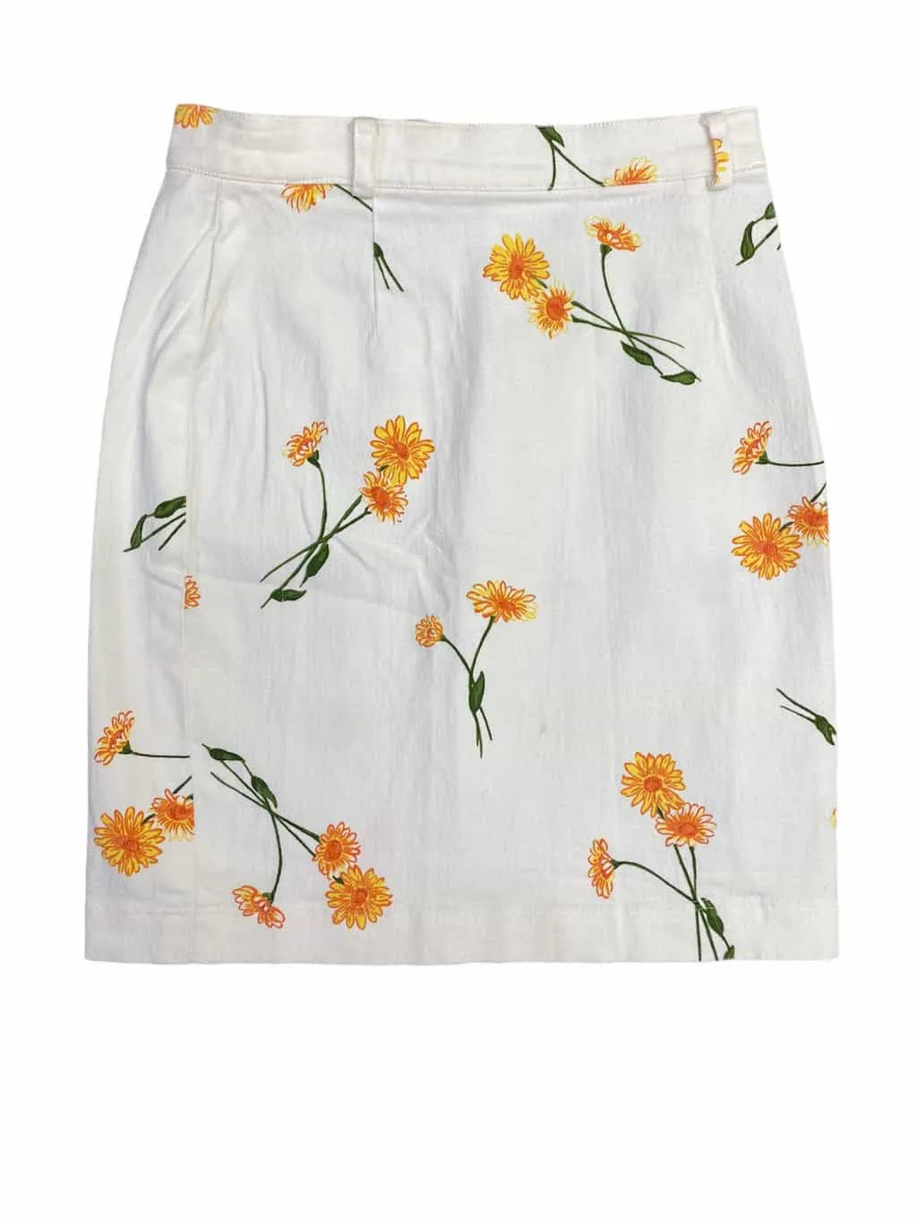 Vintage white cotton denim mini skirt with yellow marigold flowers – Small / W27