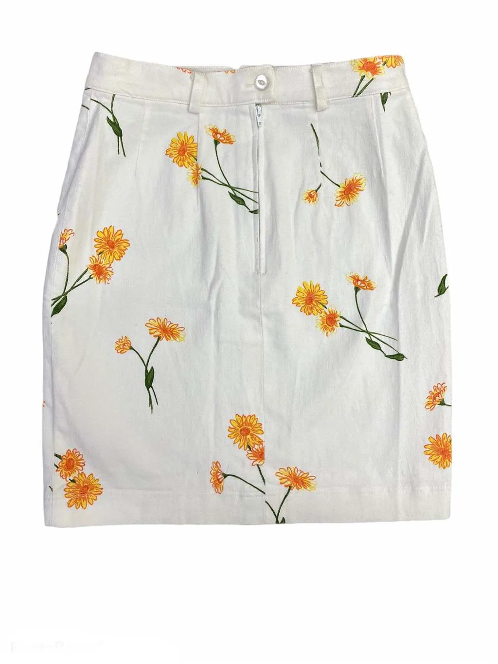 Vintage white cotton denim mini skirt with yellow marigold flowers – Small / W27