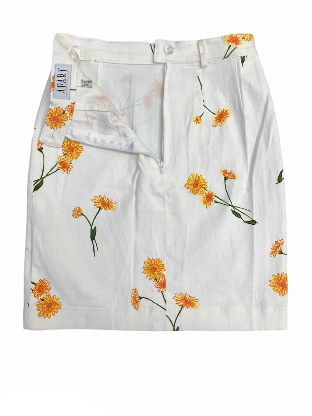 Vintage white cotton denim mini skirt with yellow marigold flowers – Small / W27