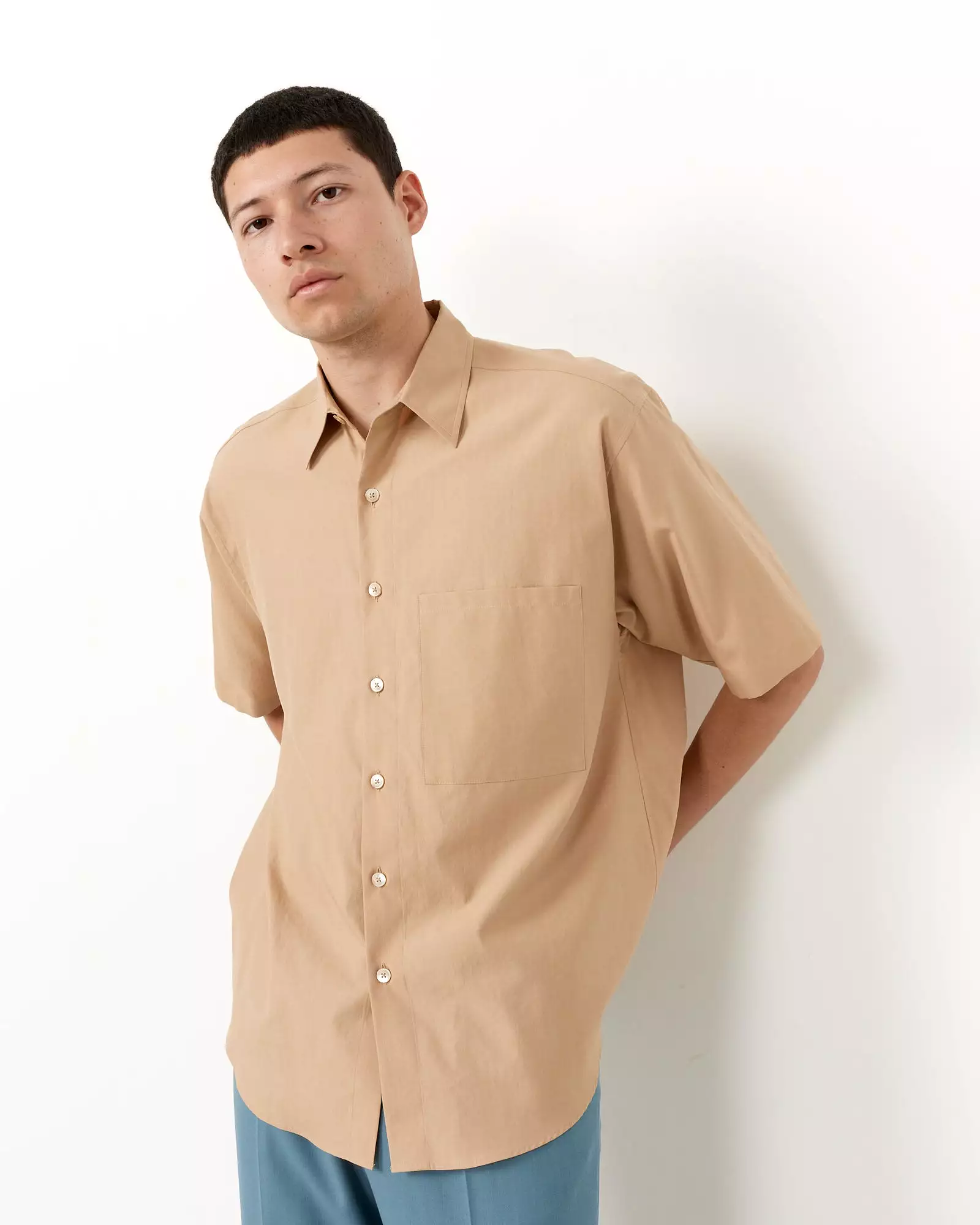 Washed Finx Twill Big Half Sleeve Shirt in Light Brown