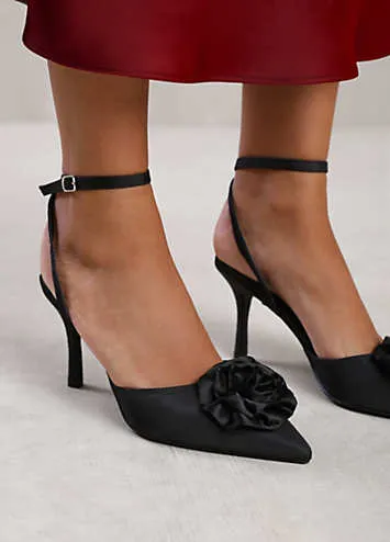 Where’s That From Spain Black Diamante Bow Slingback Mid Heels