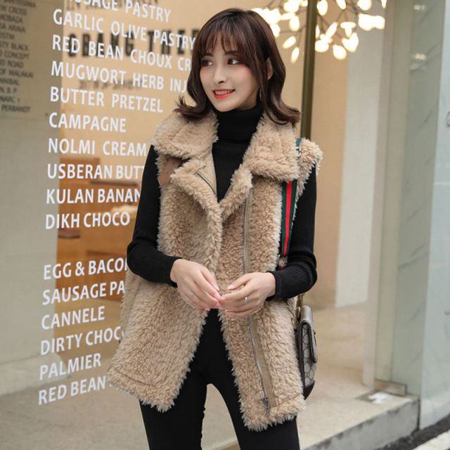 Winter Lamb Wool Vest Women Sleeveless Jacket Thicken Warm Waistcoat Fall Turn Down Collar Hidden Zipper Outwear Garment