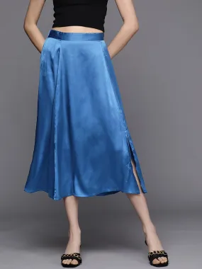 Women Blue Satin Front Slit Flared Midi Skirt