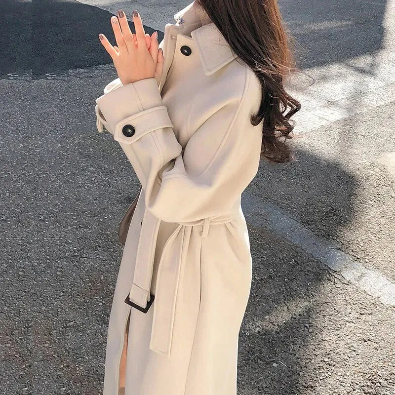 Women Faux Woolen Coats Fashion Elegant Solid Belt Thickening Long Jacket