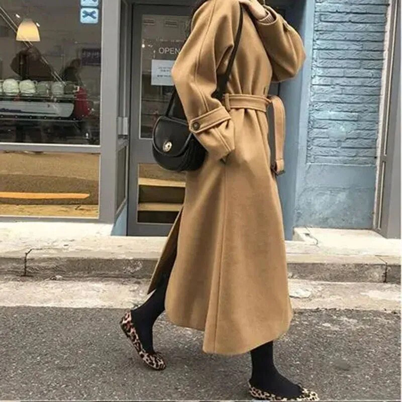 Women Faux Woolen Coats Fashion Elegant Solid Belt Thickening Long Jacket