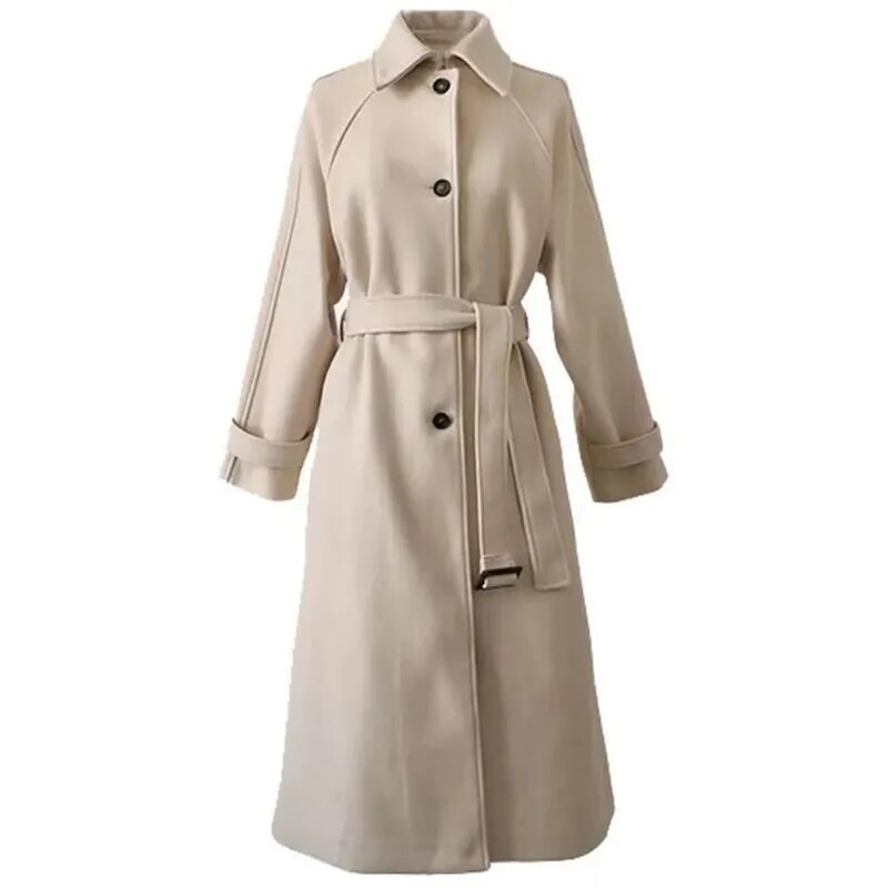 Women Faux Woolen Coats Fashion Elegant Solid Belt Thickening Long Jacket