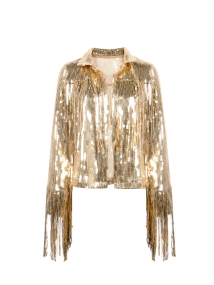 Women Jacket Spring 2023 Tassel Sequin Jacket Fashion Fringed Retro Long-sleeved Silver Reflective Jacket Women Outwear Tops