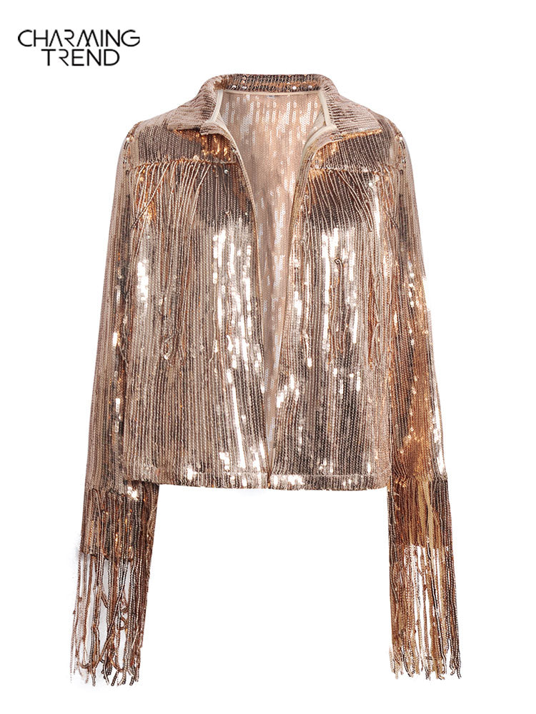 Women Jacket Spring 2023 Tassel Sequin Jacket Fashion Fringed Retro Long-sleeved Silver Reflective Jacket Women Outwear Tops