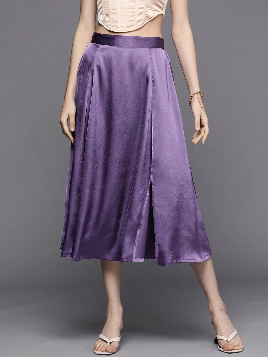 Women Purple Satin Front Slit Flared Midi Skirt