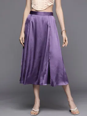 Women Purple Satin Front Slit Flared Midi Skirt